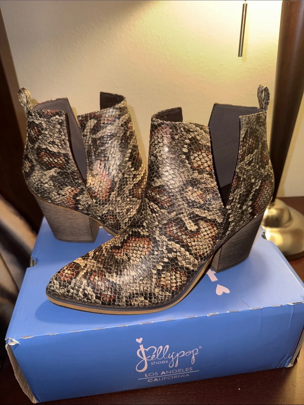 Jellypop Snake-Print Cutout Ankle Booties in Brown and Tan